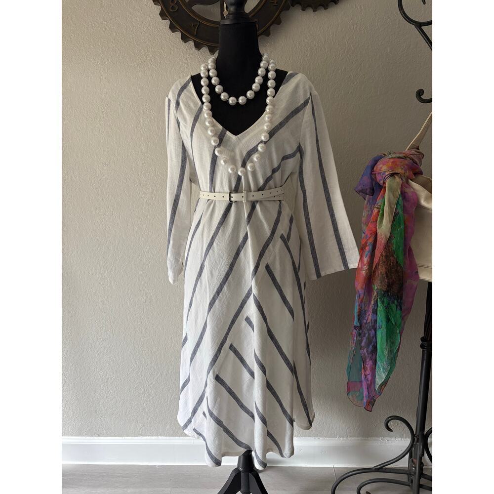 SOFT SURROUNDINGS Asymmetrical Stripes A-Line Dress Sz M Resort Parisian Picnic